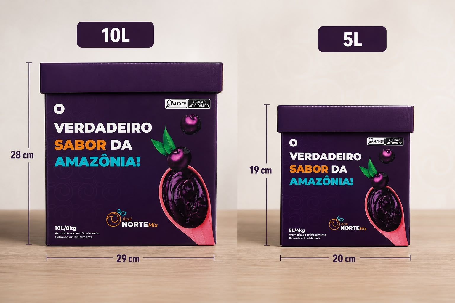 Caixas de açaí Norte Mix de 10 L (28 × 29 cm, 8 kg) e de 5 L (19 × 20 cm, 4 kg)
